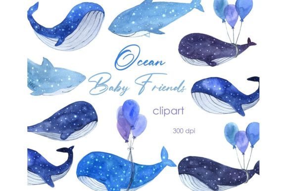 Adorable Watercolor Clipart: Baby Whale Clipart & Sharks