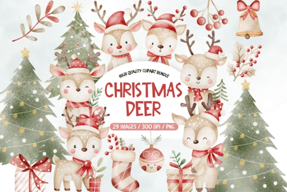 Cute Christmas Deer Watercolor Set: Whimsical Holiday Charm