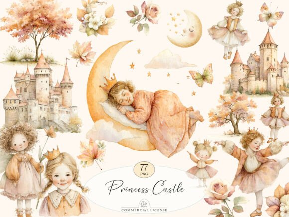 Enchanting Watercolor PNG Princess Castle Clipart for Whimsical Designs