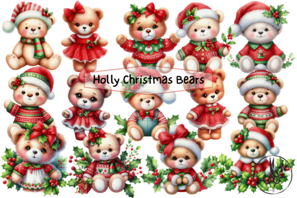 Holly Christmas Bears - Clipart: A Festive Design Asset