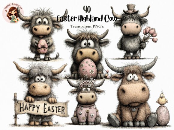 Whimsical Easter Highland Cow Clipart: Charming Design Assets