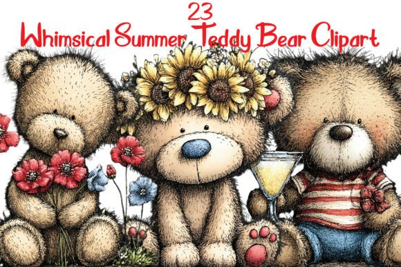 Whimsical Summer Teddy Bear Clipart: A Cozy Design Asset